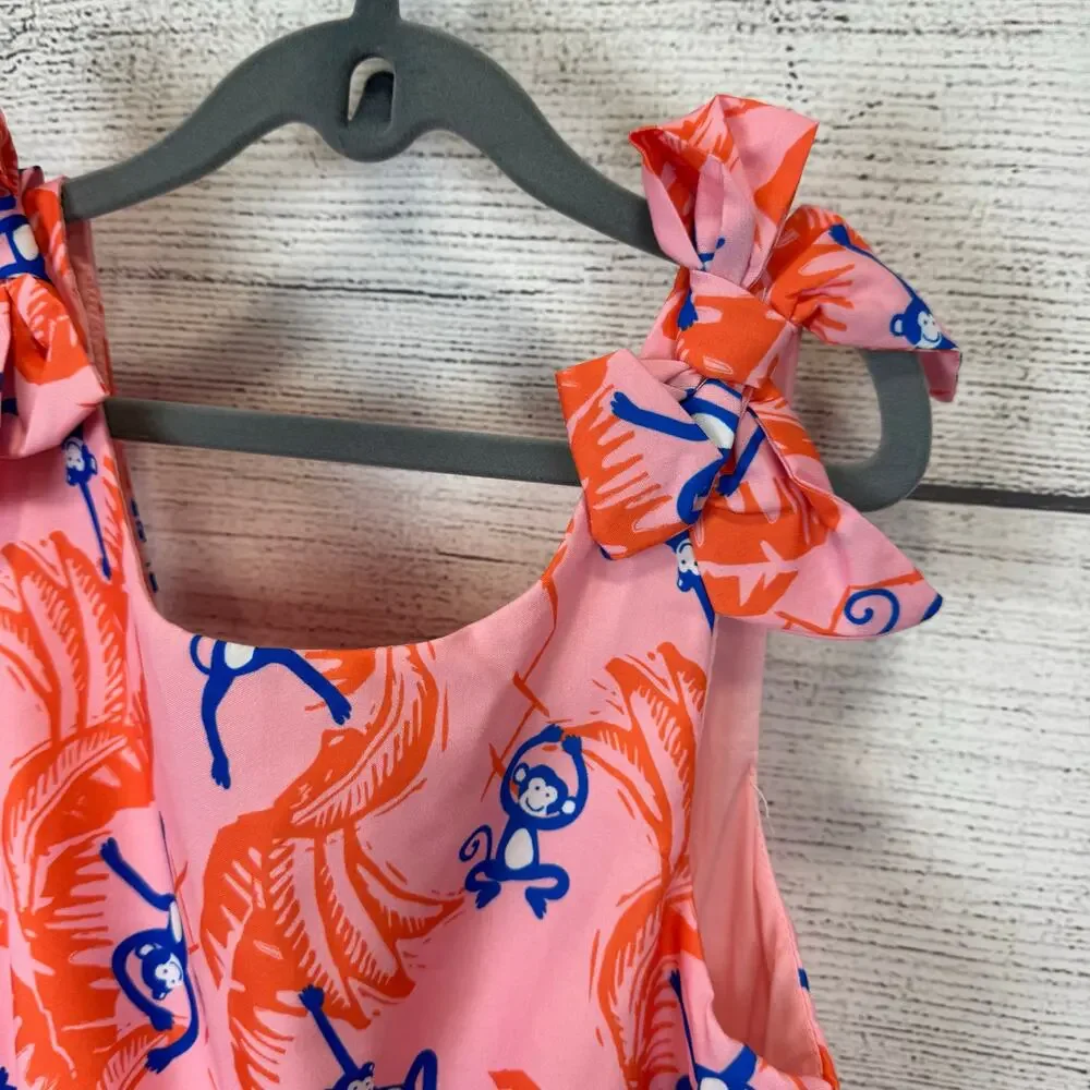 Peek Girl's Pink & Orange Monkey Printed Sleeveless Tiered Summer Dress Size 8